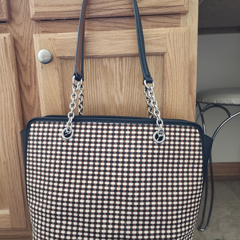 Calvin Klein Hailey Woven Checker Leather Woven Tote in Black, White & Tan